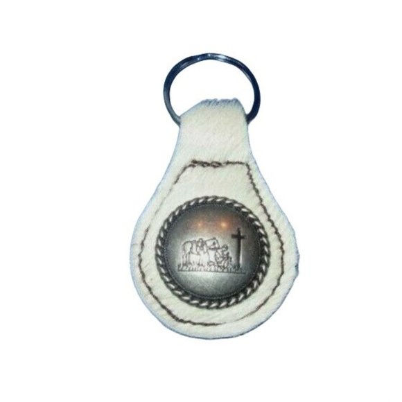 Creamy Off White Hair On Leather Silver Praying Cowboy Concho Key Ring Chain NEW - Picture 1 of 2